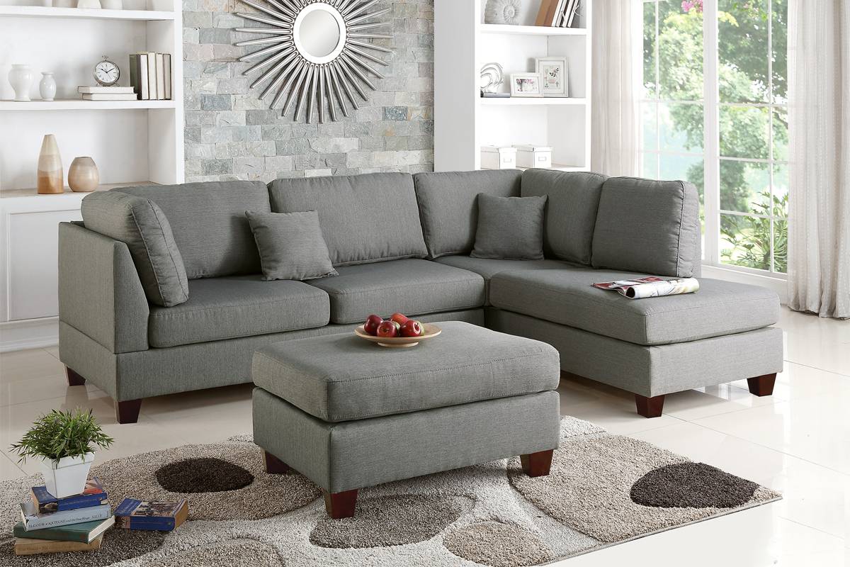 F7606 3pc Reversible Sectional Sofa Set W/ Ottoman